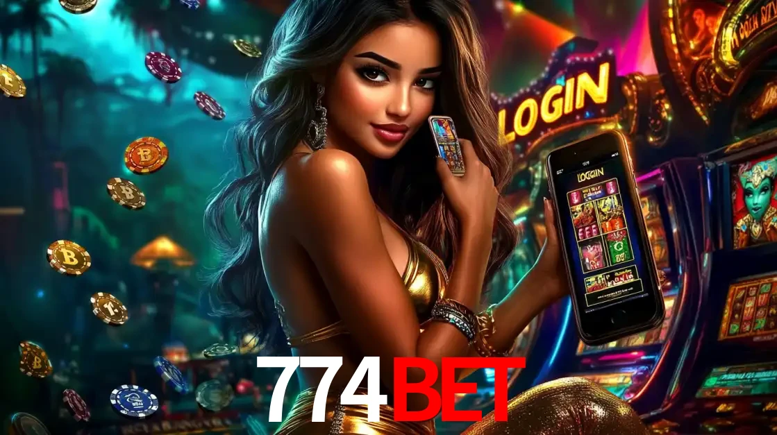 Mulher em um cenário de cassino temático de aventura, mostrando o app de caça-níqueis da 774BET no celular. Fichas de apostas flutuam ao redor.