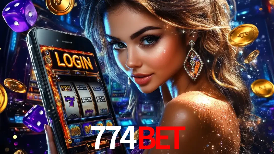 Mulher glamorosa segurando um smartphone com a tela de login para os jogos de caça-níqueis do cassino online 774BET, com moedas de ouro e dados ao redor.