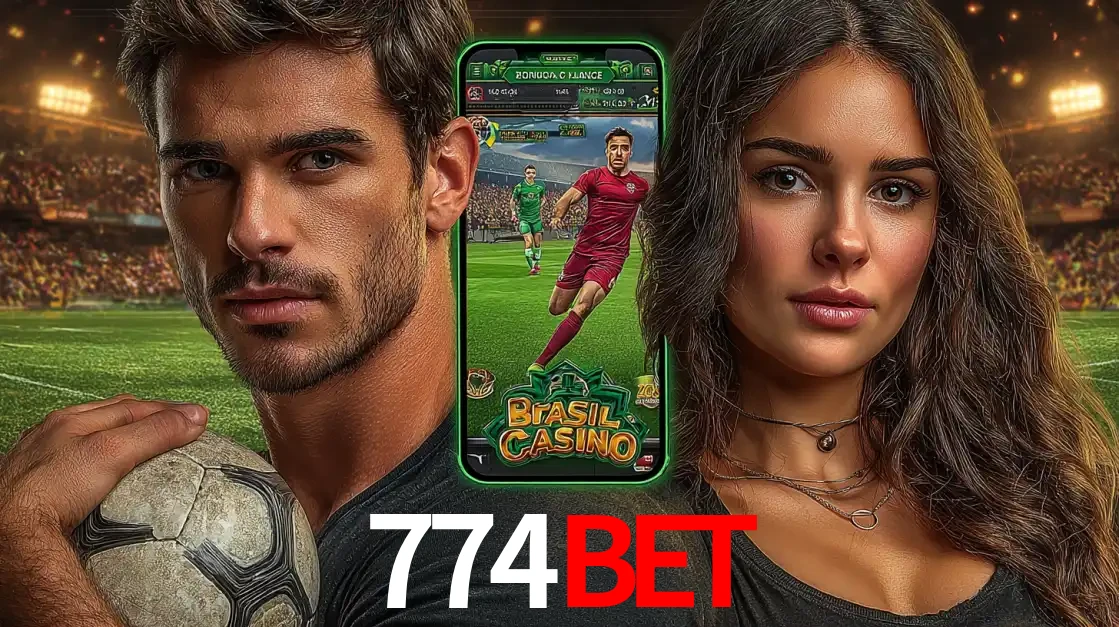 Homem segurando uma bola de futebol e uma mulher ao lado de um smartphone exibindo o jogo de apostas esportivas da 774BET. Faça seu palpite no cassino online.